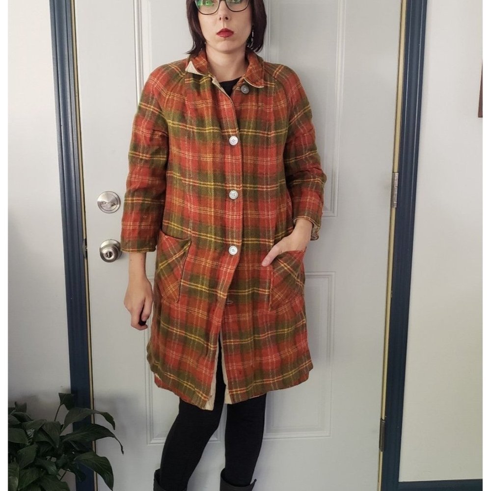 Vintage Reversible Plaid Wool Trench Coat